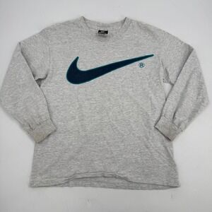 Vintage 90's Nike Long Sleeve T-Shirt Gray Swoosh USA Made‎ Retro Tee Mariners